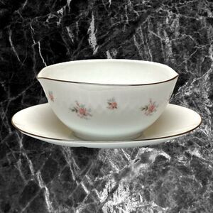 Noritake MABEL Floral Oval Gravy Boat Bowl attached Underplate Vintage Japan